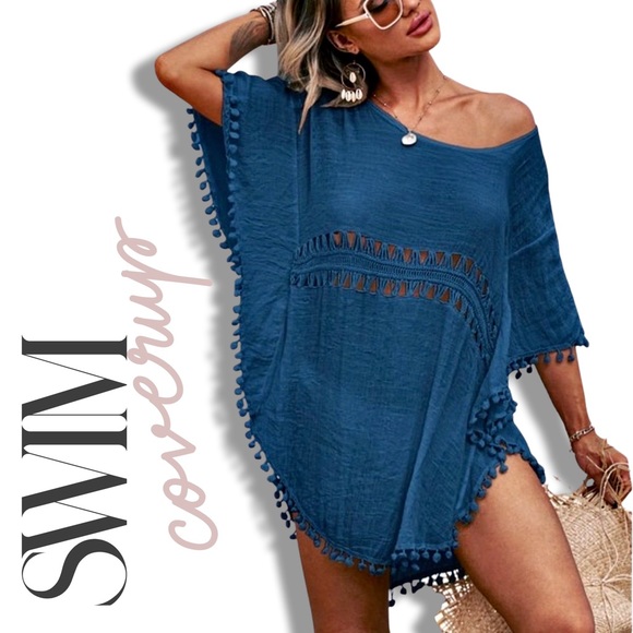 NWOT Blue Chiffon‎ Pom Pom Swim Coverup - Picture 3 of 5